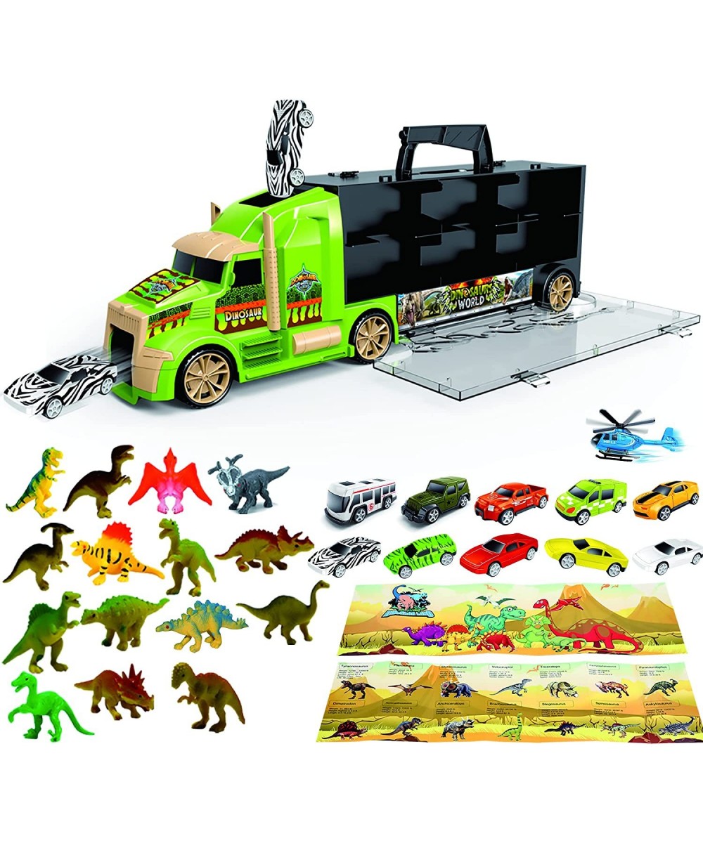 Dinosaur Toys Truck with 15 Dinosaurs 5 Metal and 5 Plastic Die-Cast Cars and 1 Helicopter and Dinosaurs Book for 3-12 Years ...