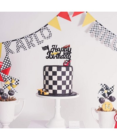 Race Car Birthday Cake Topper Happy Birthday Cake Decor Chequered Flag Themed Party Supplies Decorations(Doubled-Sided) $17.4...