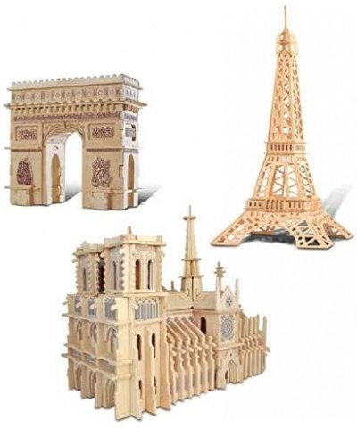 Bundle of Famous Sites: Eiffel Tower Arch De Triomphe & Notre Dame Cathedral Wooden 3D Puzzles Construction Kits Educational ...