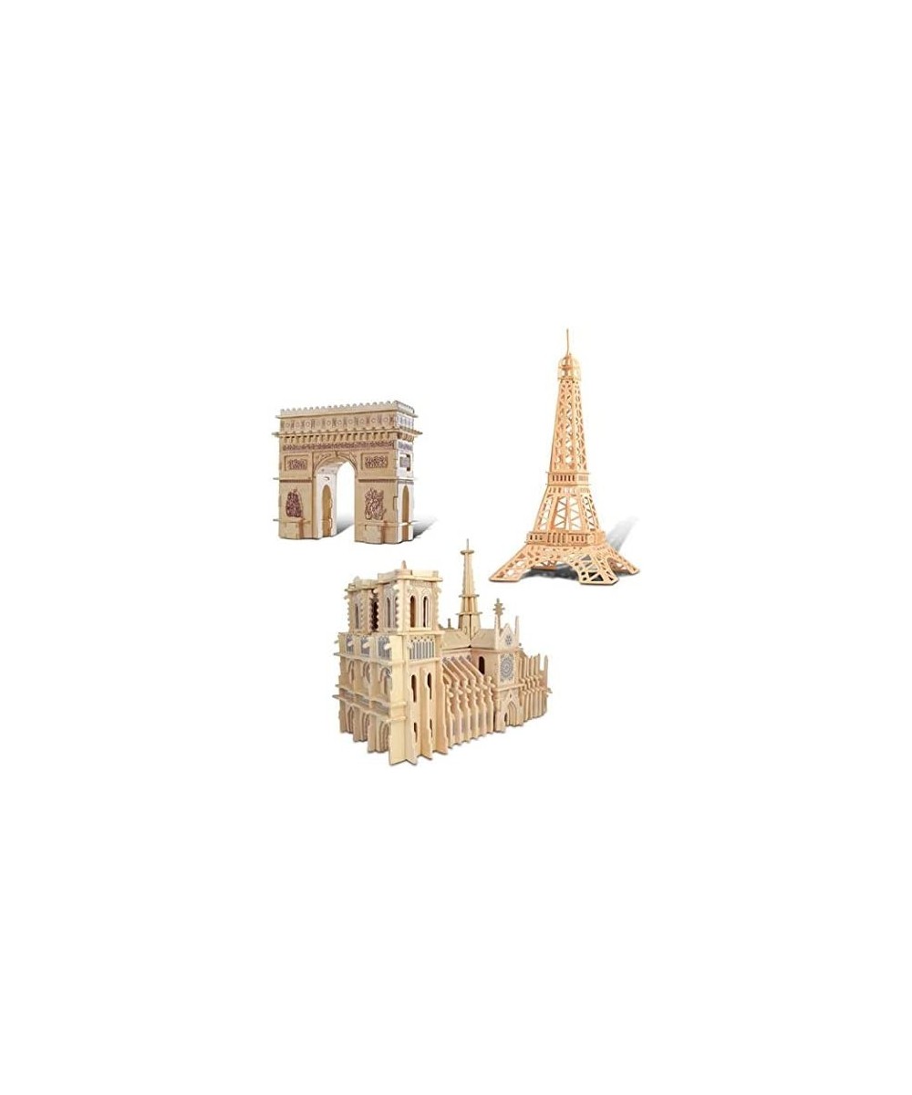 Bundle of Famous Sites: Eiffel Tower Arch De Triomphe & Notre Dame Cathedral Wooden 3D Puzzles Construction Kits Educational ...