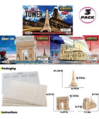 Bundle of Famous Sites: Eiffel Tower Arch De Triomphe & Notre Dame Cathedral Wooden 3D Puzzles Construction Kits Educational ...