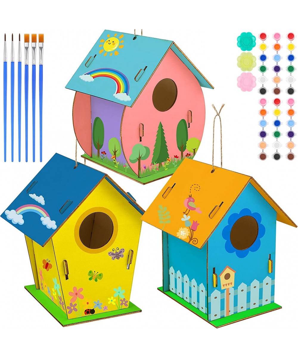 3 Pack DIY Wooden Birdhouse Kits Paintable Unfinished Wood Birdhouse Hanging Decorations with Paints Brushes Palette and Pigm...