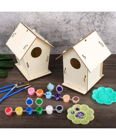 3 Pack DIY Wooden Birdhouse Kits Paintable Unfinished Wood Birdhouse Hanging Decorations with Paints Brushes Palette and Pigm...