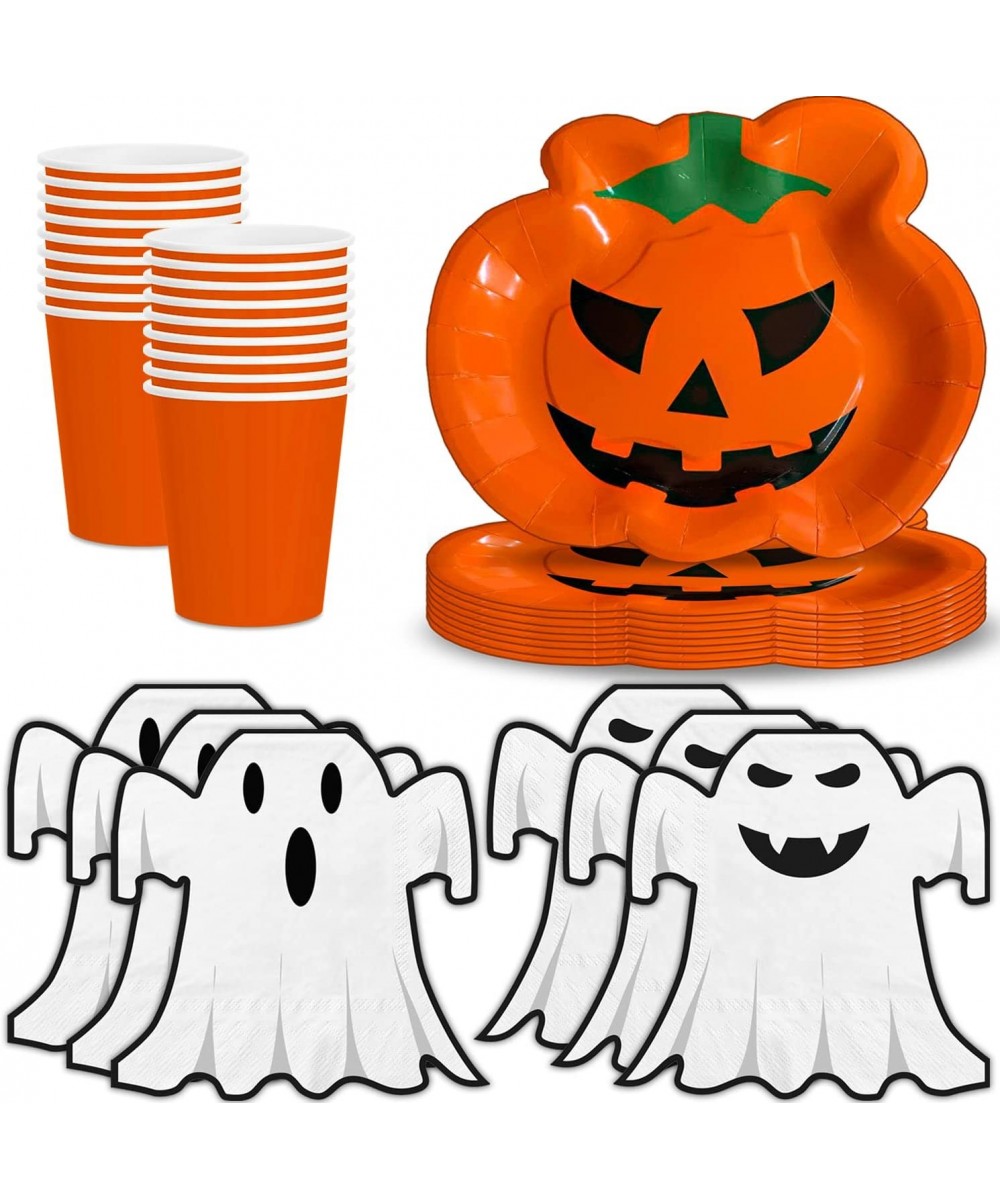 Halloween Party Supplies 24 Serving - Pumpkin Shaped Plates Ghost Shaped Napkins Orange Cups - Disposable Halloween Decoratio...