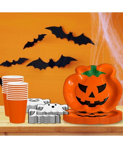 Halloween Party Supplies 24 Serving - Pumpkin Shaped Plates Ghost Shaped Napkins Orange Cups - Disposable Halloween Decoratio...