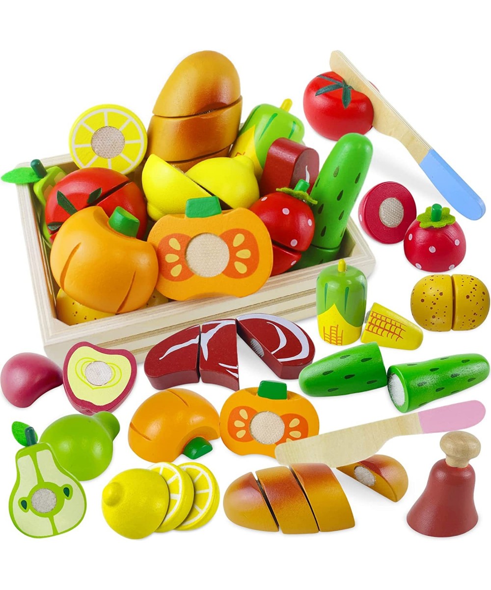 Wooden Play Food Sets for Kids Kitchen Toddlers Wood Toys Cutting Fruit Pretend Food Play Kitchen Accessories Set for Boys an...