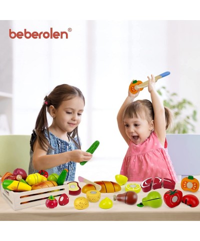 Wooden Play Food Sets for Kids Kitchen Toddlers Wood Toys Cutting Fruit Pretend Food Play Kitchen Accessories Set for Boys an...