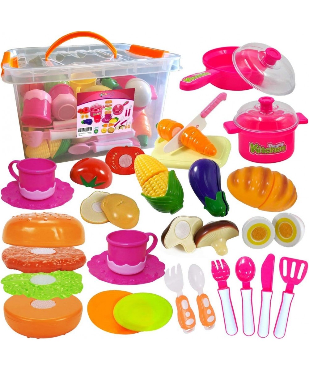 Pretend Play Food Set with Dishes Cookware Cuttable Vegetables Mini Pots Pans Set Knife Cutting Board Toy Kitchen Accessories...