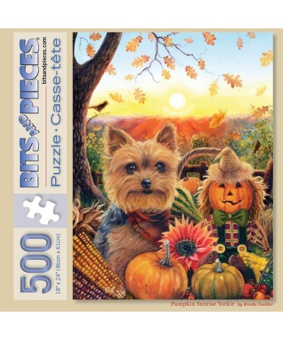 - 500 Piece Jigsaw Puzzle for Adults 18" x 24" - Pumpkin Sunrise Yorkie - 500 pc Puppy Dog Fall Autumn Corn Scarecrow Jigsaw ...