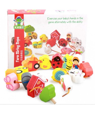 Lacing Farm Toy Wooden Block Set Early Educational Toys String & Lacing Beads Games for Toddlers Kids Farm Animal Learning Pl...