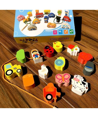 Lacing Farm Toy Wooden Block Set Early Educational Toys String & Lacing Beads Games for Toddlers Kids Farm Animal Learning Pl...