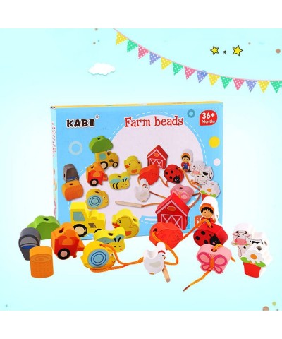 Lacing Farm Toy Wooden Block Set Early Educational Toys String & Lacing Beads Games for Toddlers Kids Farm Animal Learning Pl...