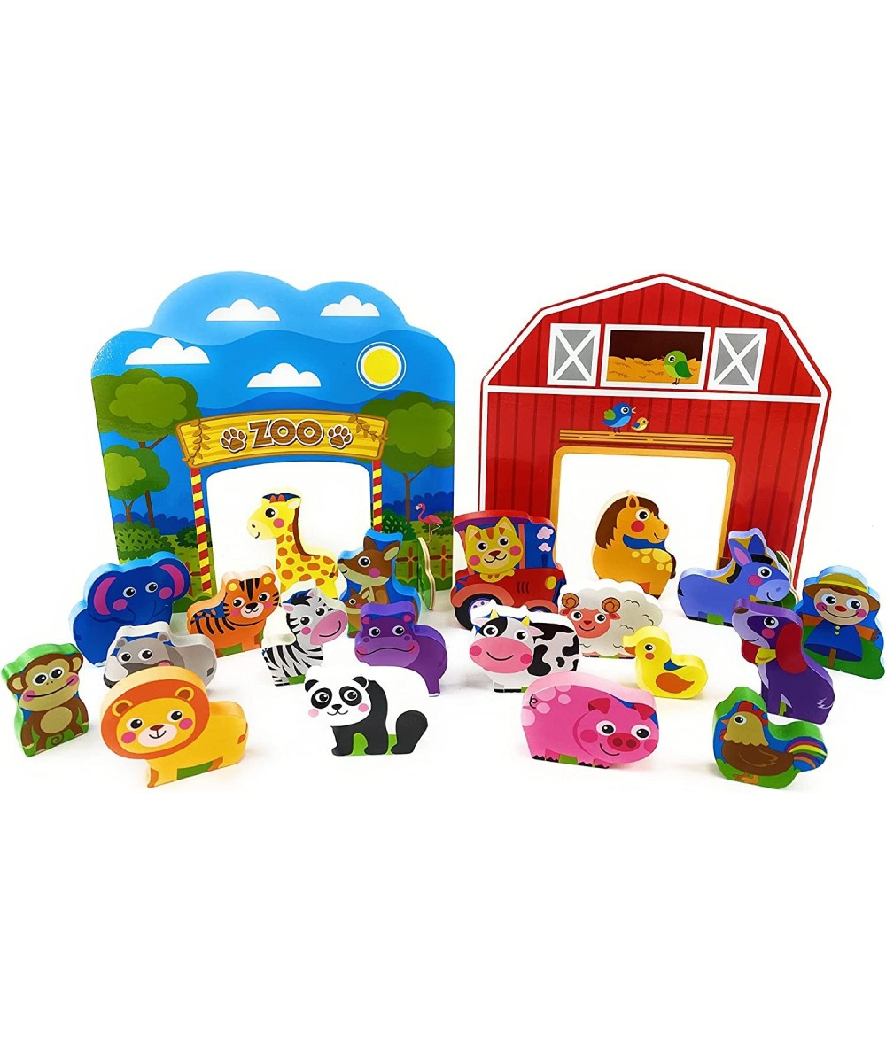 Deluxe Wood Chunky Farm and Zoo Animal Playsets Gift Set Bundle - 2 Pack (11pcs Each 22pcs Total) $57.66 Play Figure Playsets