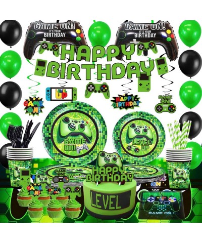 Green Video Game Party Supplies - 201Pcs Gamer Gaming Party Decoration For Boys Birthday Party - Table Cover Plates Cups Napk...