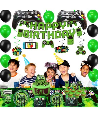 Green Video Game Party Supplies - 201Pcs Gamer Gaming Party Decoration For Boys Birthday Party - Table Cover Plates Cups Napk...