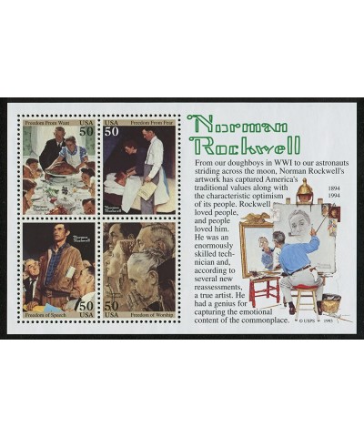 1994 NORMAN ROCKWELL 2840 Souvenir Sheet of 4 x 50 cents US Postage Stamps $16.33 Collectibles Display & Storage