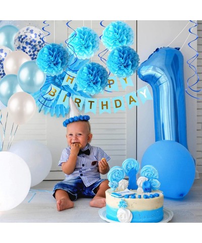 Blue Birthday Decorations Kit - HAPPY BIRTHDAY Banner Spiral Charm Paper Flower Ball and Balloons for Boys and Gilrs Birthday...