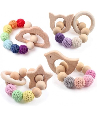 Beech Wooden Teethers 4 Packs Natural Baby Teething Toys Wood DIY Soothing Charms Chewable Toy Toddler Gift Jewelry Cloud Cat...