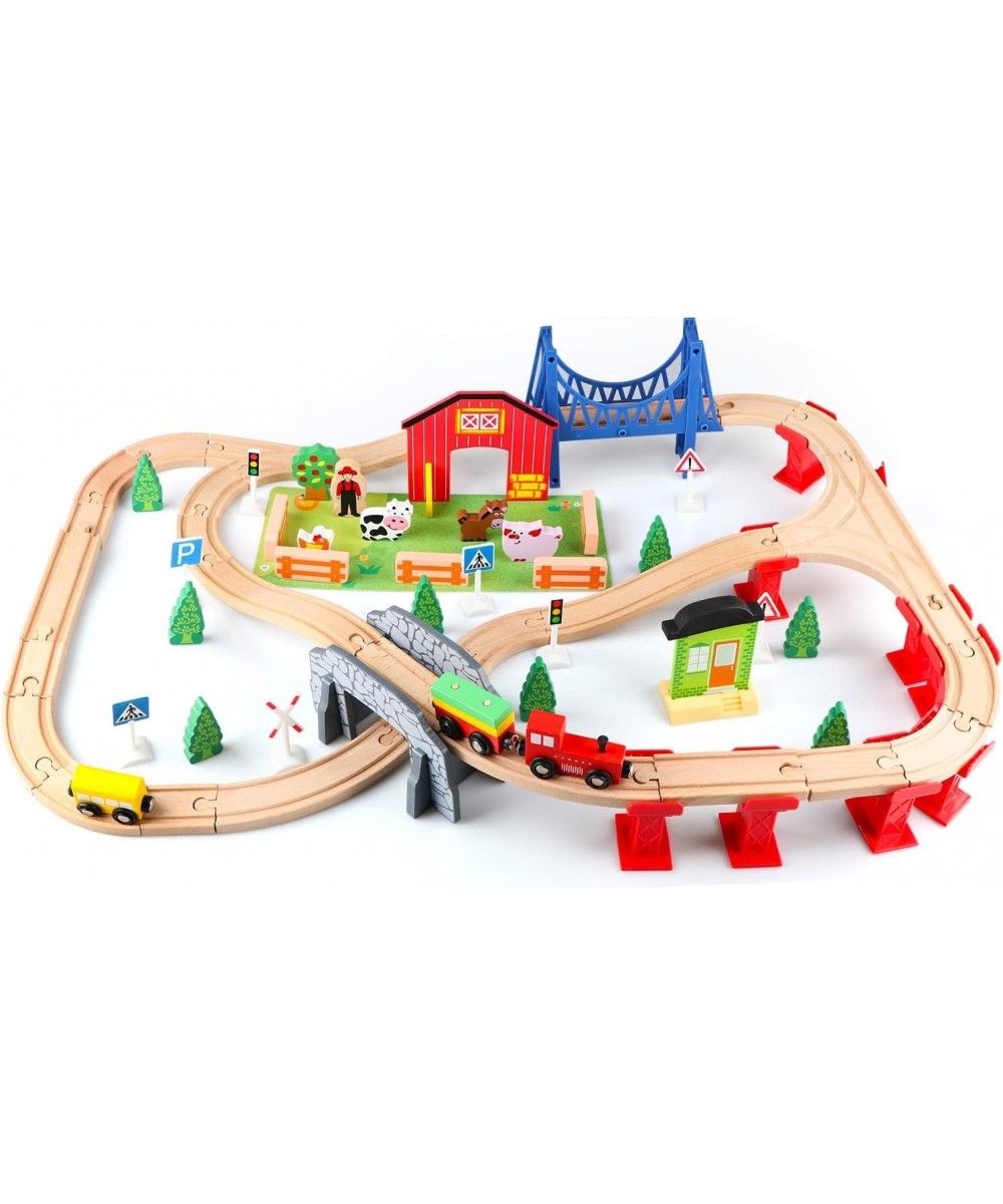 82PCS Wooden Train Tracks Set Wooden Train Set and Train Toys for Kids Toddler Boys and Girls 3 4 5 Years Old and Up-- Expand...