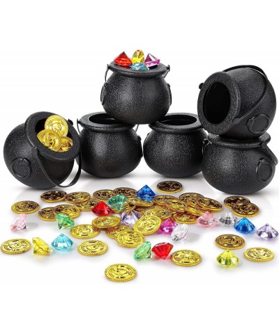 6 Pcs Halloween Mini Black Candy Cauldron Kettles Set with 40 Gold Pirate 30 Jewelery Playset Adventure Party Multi Purposed ...