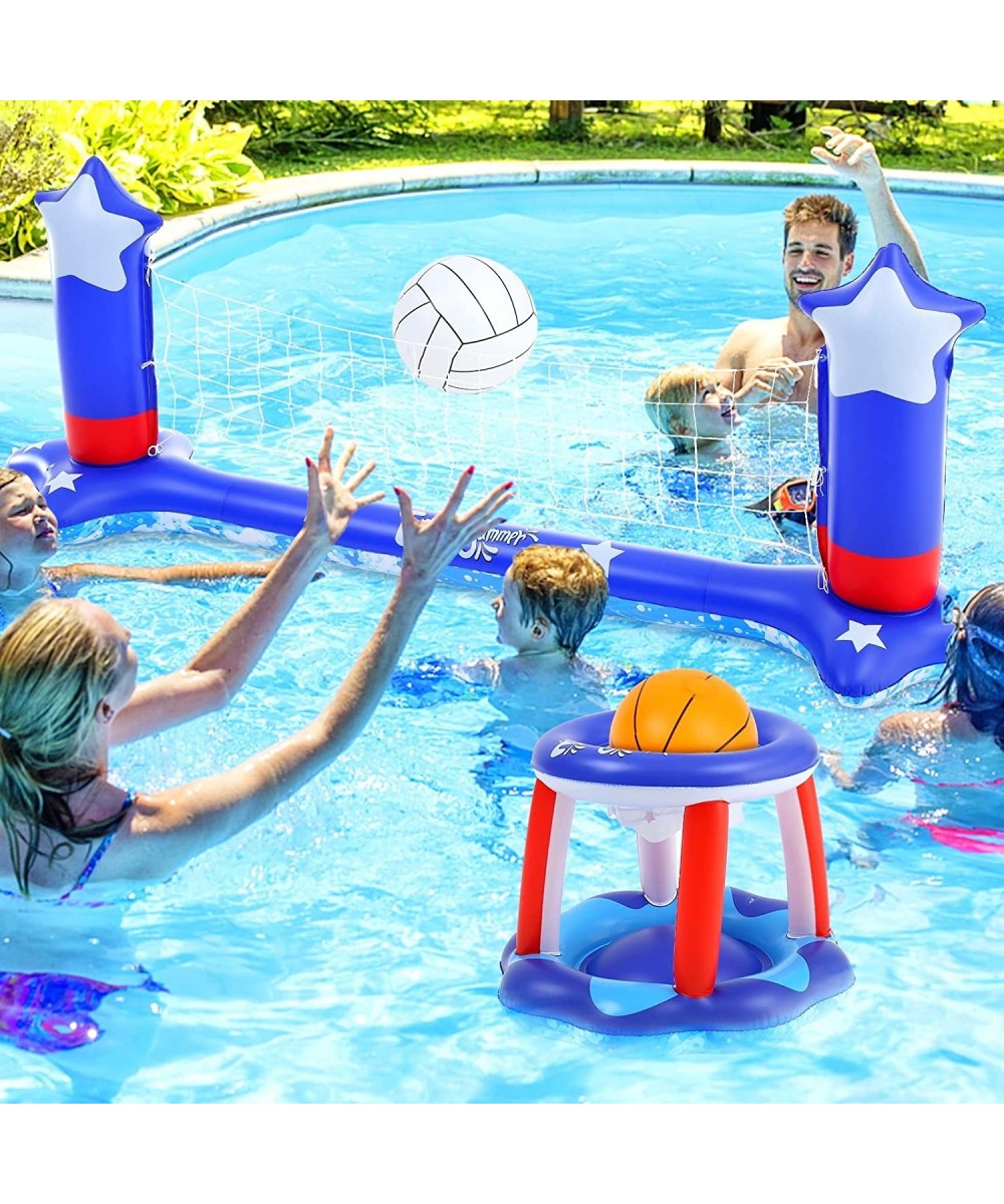 Large Pool Volleyball Set Pool Volleyball Net & Pool Basketball Hoops with 2 Beach Balls Pool Games for Family and Adults Ame...