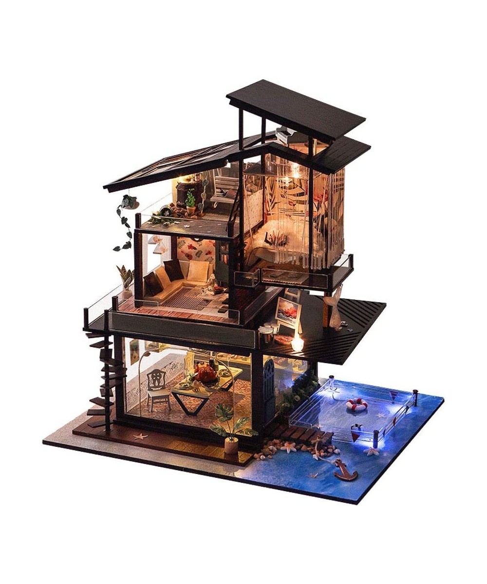 DIY Valencia Coastal Villa Wooden Dollhouses with LED Light and Wooden Frame for Creative Birthday Gift $126.57 Dollhouses