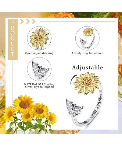 925 Sterling Silver Flower Fidget Spinner Rings for Women Anxiety Adjustable Sunflower Daisy Open Ring Relieving Stress Stack...