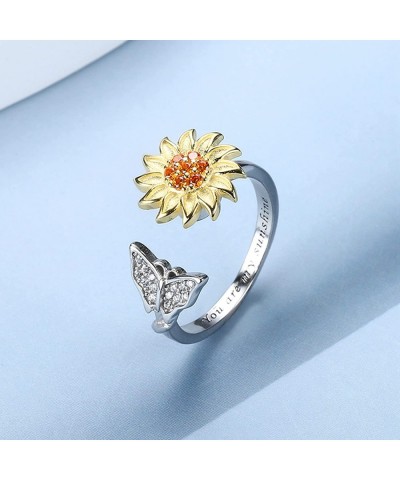 925 Sterling Silver Flower Fidget Spinner Rings for Women Anxiety Adjustable Sunflower Daisy Open Ring Relieving Stress Stack...