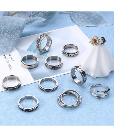 11Pcs Fidget Ring for Anxiety Stainless Steel Fidget Anxiety Rings for Women Men Moon Star Flower Spinner Rings for Anxiety B...