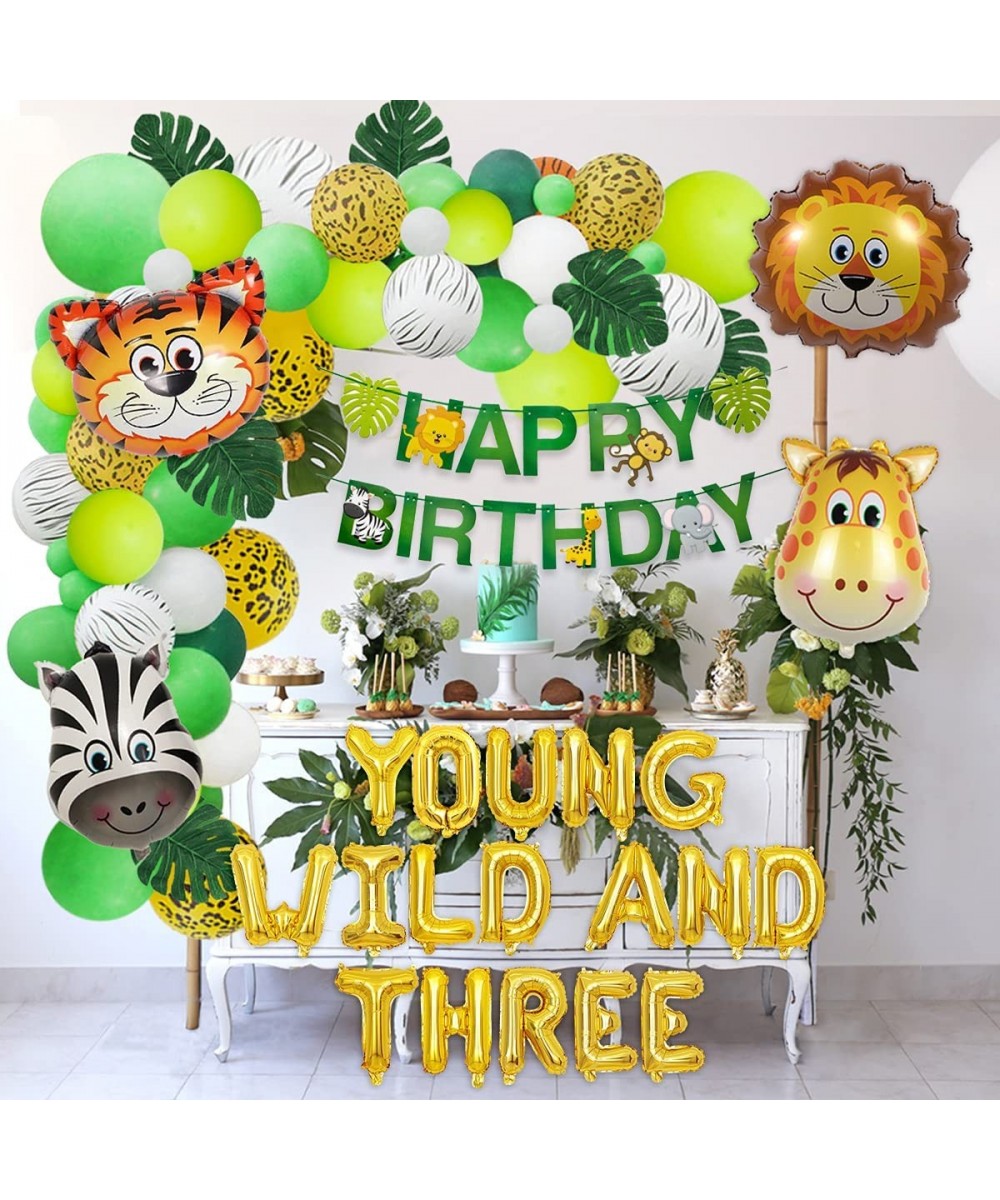 Jungle Theme 3rd Birthday Decorations Safari Balloon Garland with Young Wild And Three Animal Foil Balloons Happy Birthday Ba...