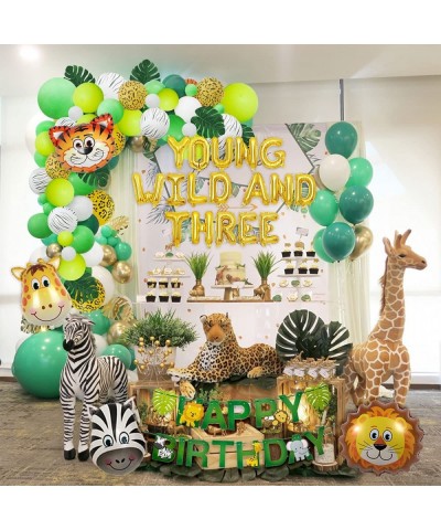 Jungle Theme 3rd Birthday Decorations Safari Balloon Garland with Young Wild And Three Animal Foil Balloons Happy Birthday Ba...