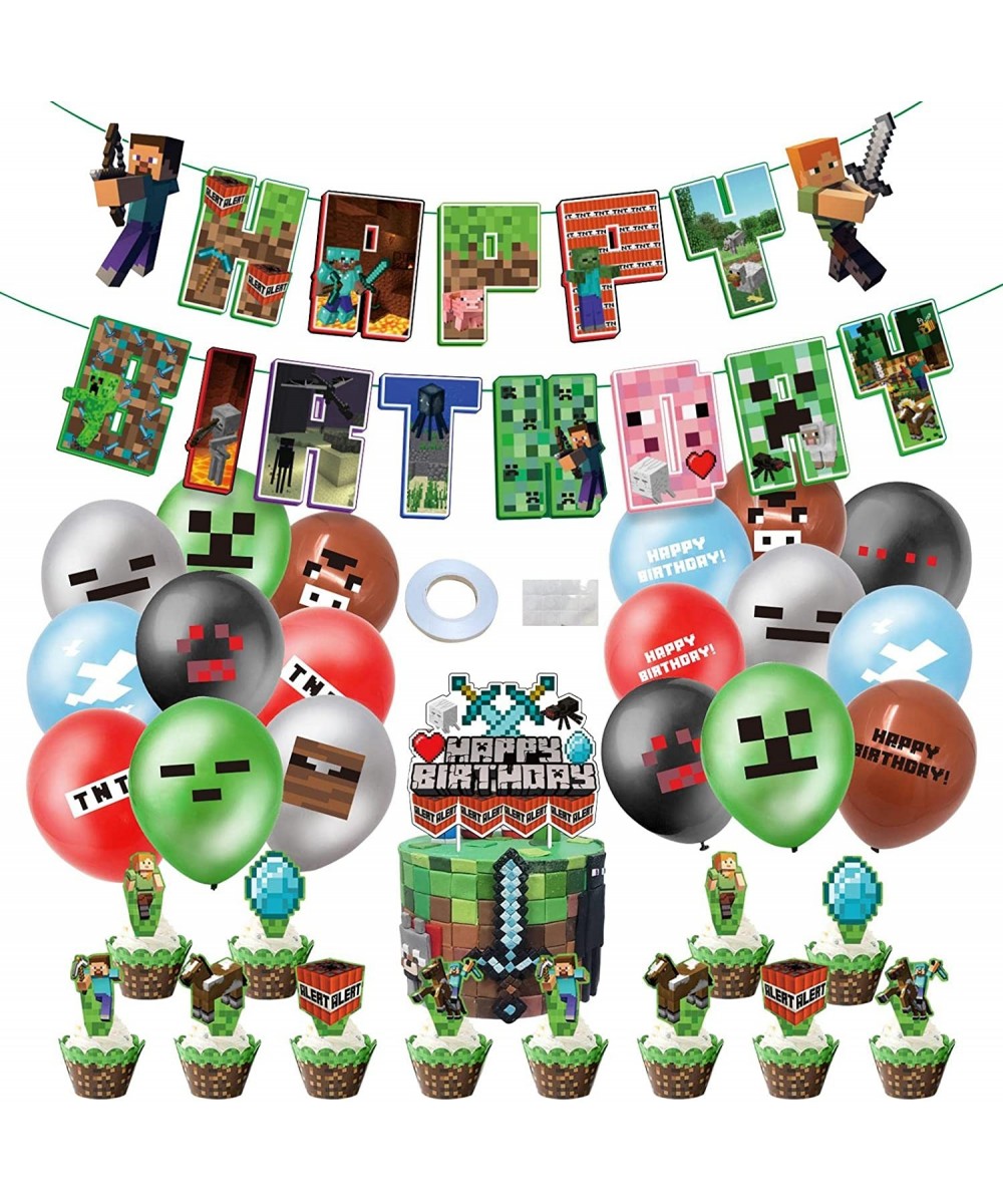 Pixel Style Gamer Birthday Party Supplies Miner Theme Party Decorations Include Banner Game Balloons Cake Topper Cupcake Topp...