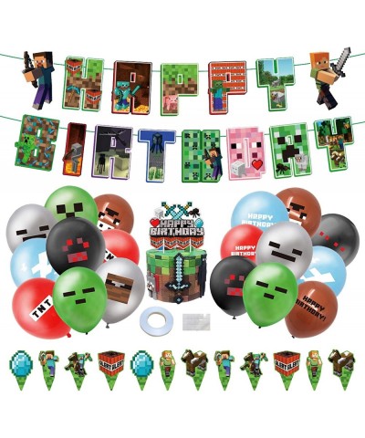 Pixel Style Gamer Birthday Party Supplies Miner Theme Party Decorations Include Banner Game Balloons Cake Topper Cupcake Topp...