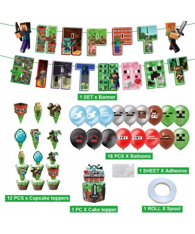 Pixel Style Gamer Birthday Party Supplies Miner Theme Party Decorations Include Banner Game Balloons Cake Topper Cupcake Topp...