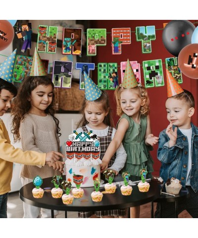 Pixel Style Gamer Birthday Party Supplies Miner Theme Party Decorations Include Banner Game Balloons Cake Topper Cupcake Topp...