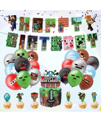 Pixel Style Gamer Birthday Party Supplies Miner Theme Party Decorations Include Banner Game Balloons Cake Topper Cupcake Topp...