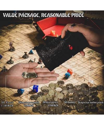 DND Fantasy Coins 50 Antique Gold Metal Treasure Tokens with Leather Pouch - Gaming Loot Accessories & Props for Dungeons and...