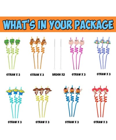 24Pcs Toy Inspired Story Birthday Party Supplies Reusable Drinking Straws 8 Designs Toy Themed Story Party Favors with 2 Clea...