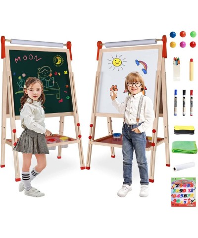 Easel for Kids Wooden Art Easel Double Sided Whiteboard Chalkboard with Paper Roll Holder Dry Eraser Adjustable Height for Bo...