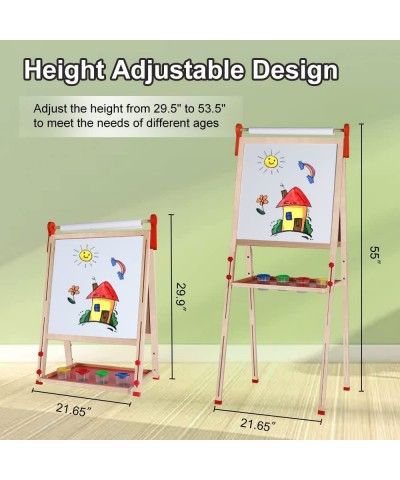 Easel for Kids Wooden Art Easel Double Sided Whiteboard Chalkboard with Paper Roll Holder Dry Eraser Adjustable Height for Bo...