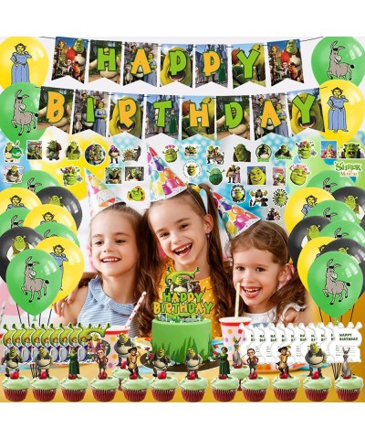 124Pcs Cartoon Monster Birthday Party Decorations Set Green Monster Theme Party Supplies Include Banner Cake Topper Invitatio...