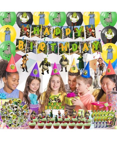 124Pcs Cartoon Monster Birthday Party Decorations Set Green Monster Theme Party Supplies Include Banner Cake Topper Invitatio...