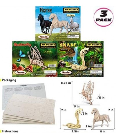 Bundle of Animals: Snake Butterfly & Horse Wooden 3D Puzzle Construction Kist Fun & Educational DIY Toys Assemble Model Unfin...