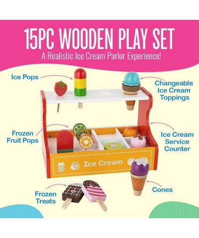 Wooden Ice Cream Parlor Playset for Kids 3 Years and Up - 15-Piece Ice Cream Toys with Ice Cream Counter Frozen Treats Ice Cr...