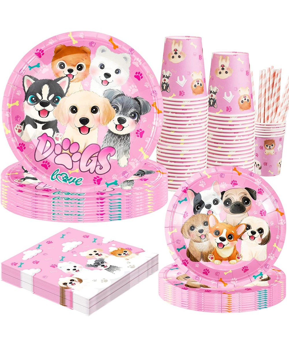 Pink Dog Party Supplies Dog Theme Tableware Kit Including Plates Cups Straws Napkins for Pink Dog Puppy Kids Birthday Baby Sh...