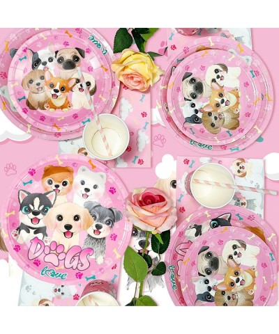 Pink Dog Party Supplies Dog Theme Tableware Kit Including Plates Cups Straws Napkins for Pink Dog Puppy Kids Birthday Baby Sh...