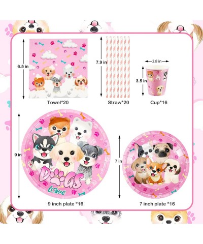 Pink Dog Party Supplies Dog Theme Tableware Kit Including Plates Cups Straws Napkins for Pink Dog Puppy Kids Birthday Baby Sh...