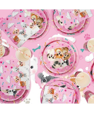 Pink Dog Party Supplies Dog Theme Tableware Kit Including Plates Cups Straws Napkins for Pink Dog Puppy Kids Birthday Baby Sh...