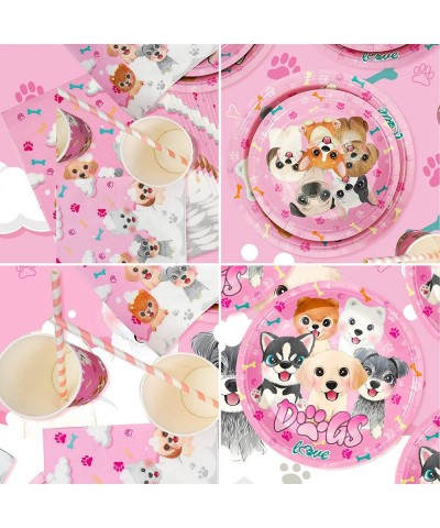 Pink Dog Party Supplies Dog Theme Tableware Kit Including Plates Cups Straws Napkins for Pink Dog Puppy Kids Birthday Baby Sh...