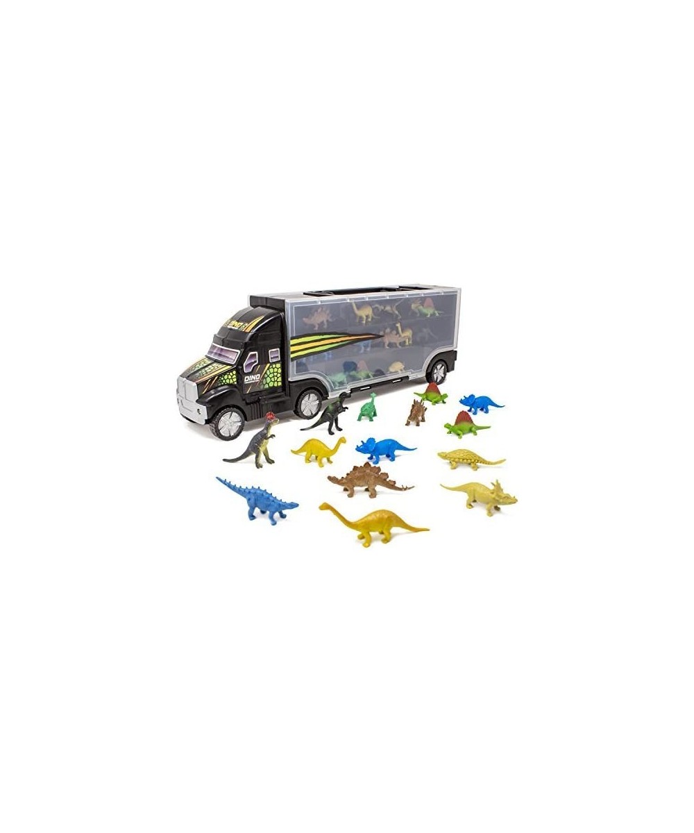 14 Piece 16" Dinosaur Transport Truck Carrier - Miniature Dino Figures with Semi Truck Trailer Toy - Loadable Miniature Dinos...